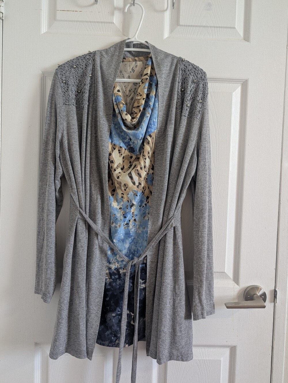 2-Pc Twin Set Cardigan & Blouse L XL | Grey Crochet Lace  Boho Chic Lagenlook